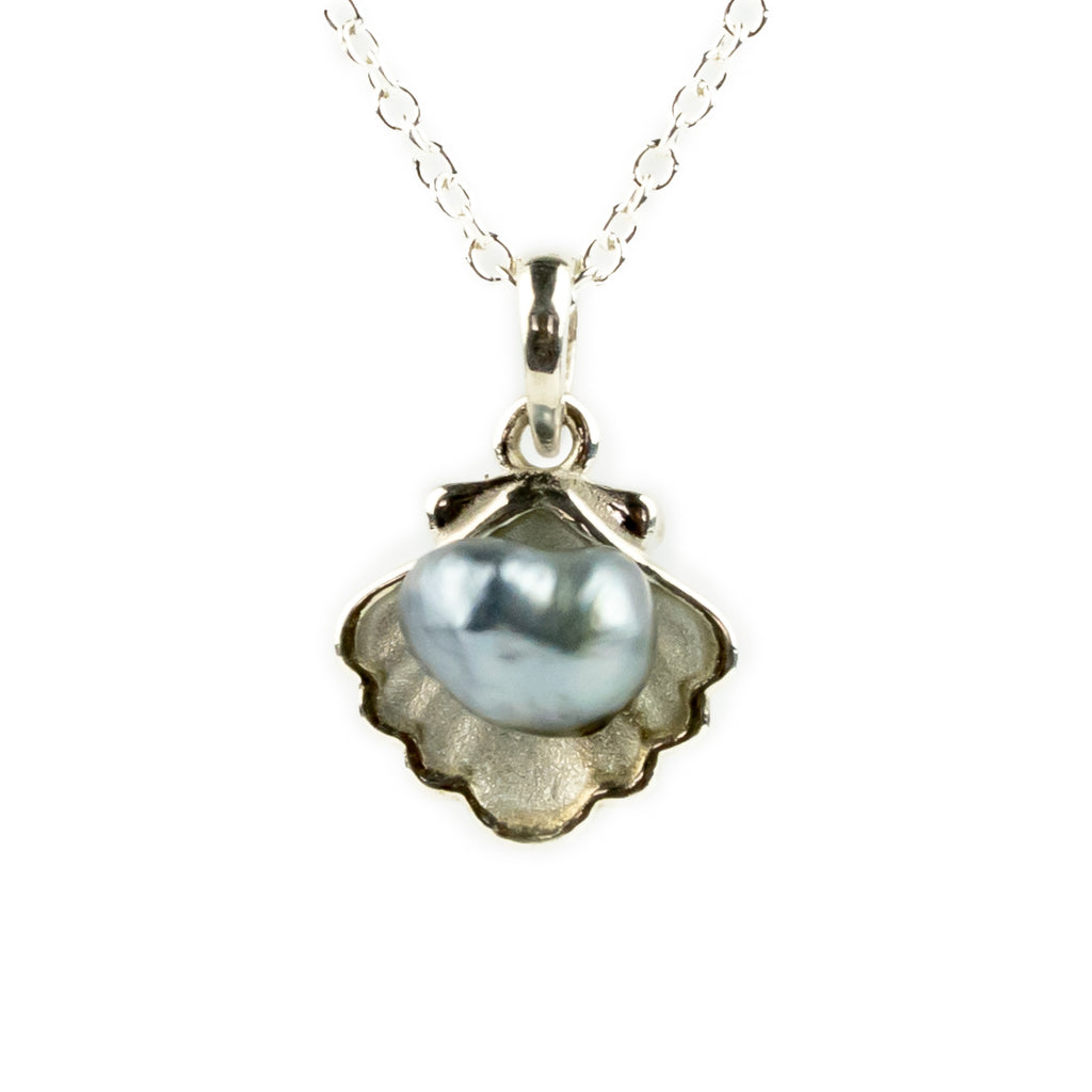 Collana Con Ciondolo In Conchiglia Perla Nera 14mm – Catena Palline Argento 17 Pollici