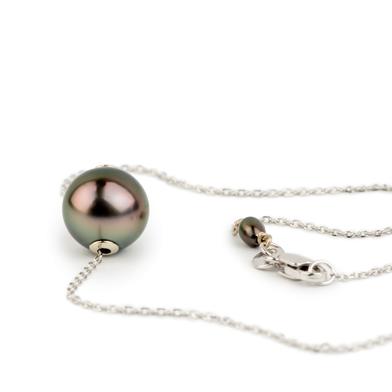 Aubergine Green 9mm Pearl Solitaire Necklace on 14K White Gold