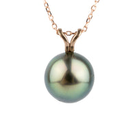 Peacock Green 9.6mm Tahitian Pearl I'a Necklace on 14K Rose Gold
