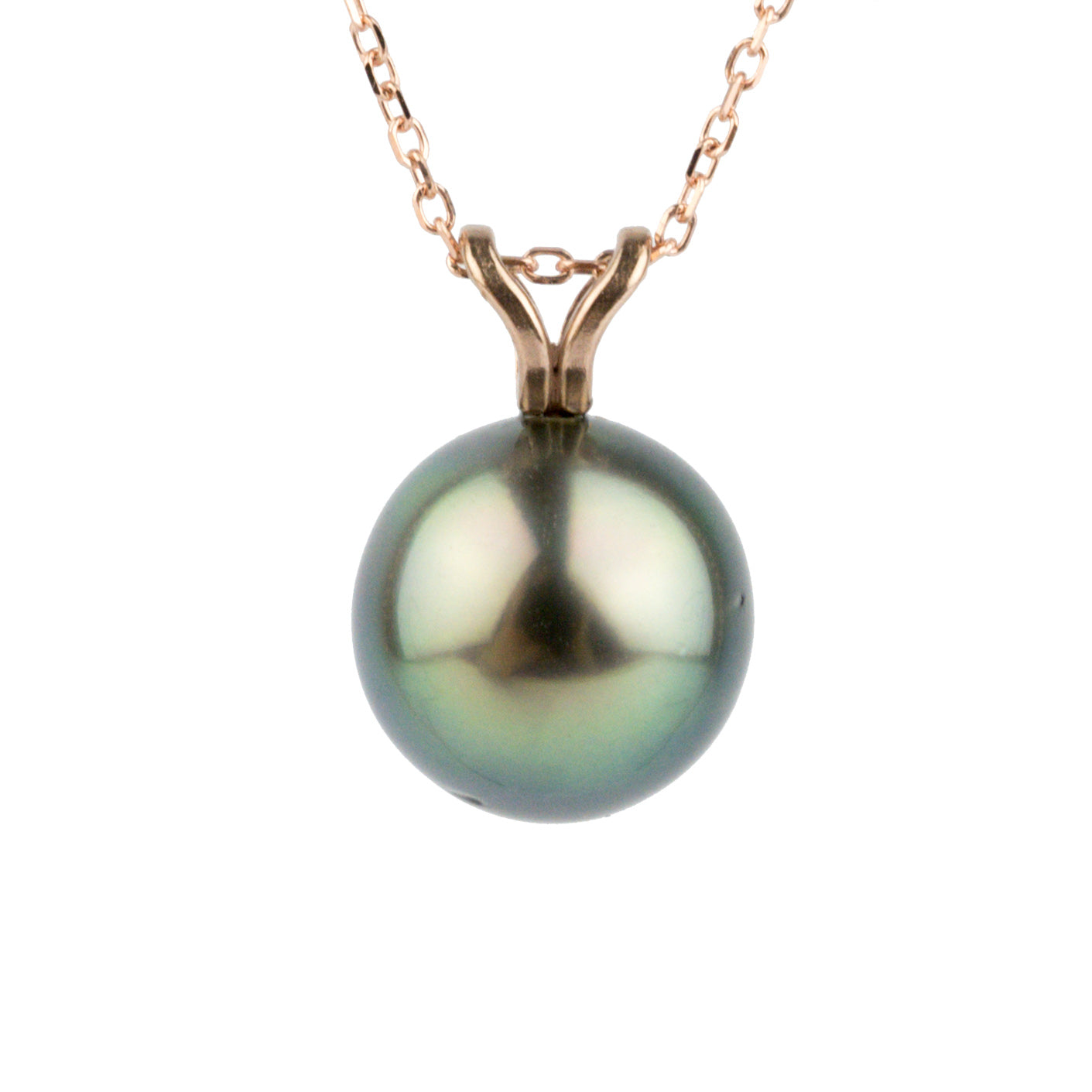 Peacock Green 9.6mm Tahitian Pearl I'a Necklace on 14K Rose Gold