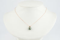 Peacock Green 9.6mm Tahitian Pearl I'a Necklace on 14K Rose Gold