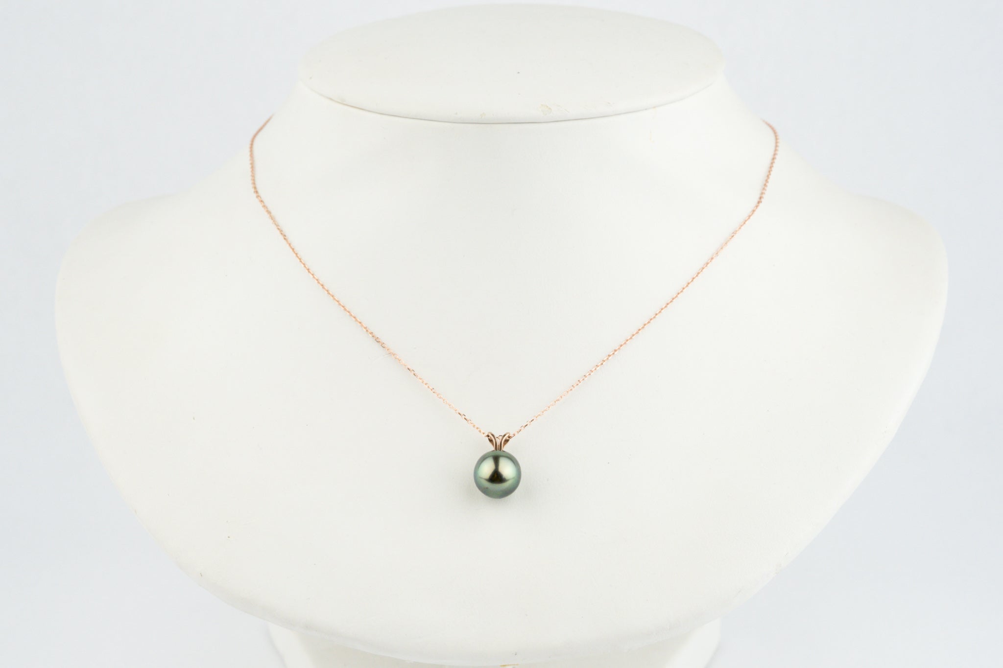 Peacock Green 9.6mm Tahitian Pearl I'a Necklace on 14K Rose Gold