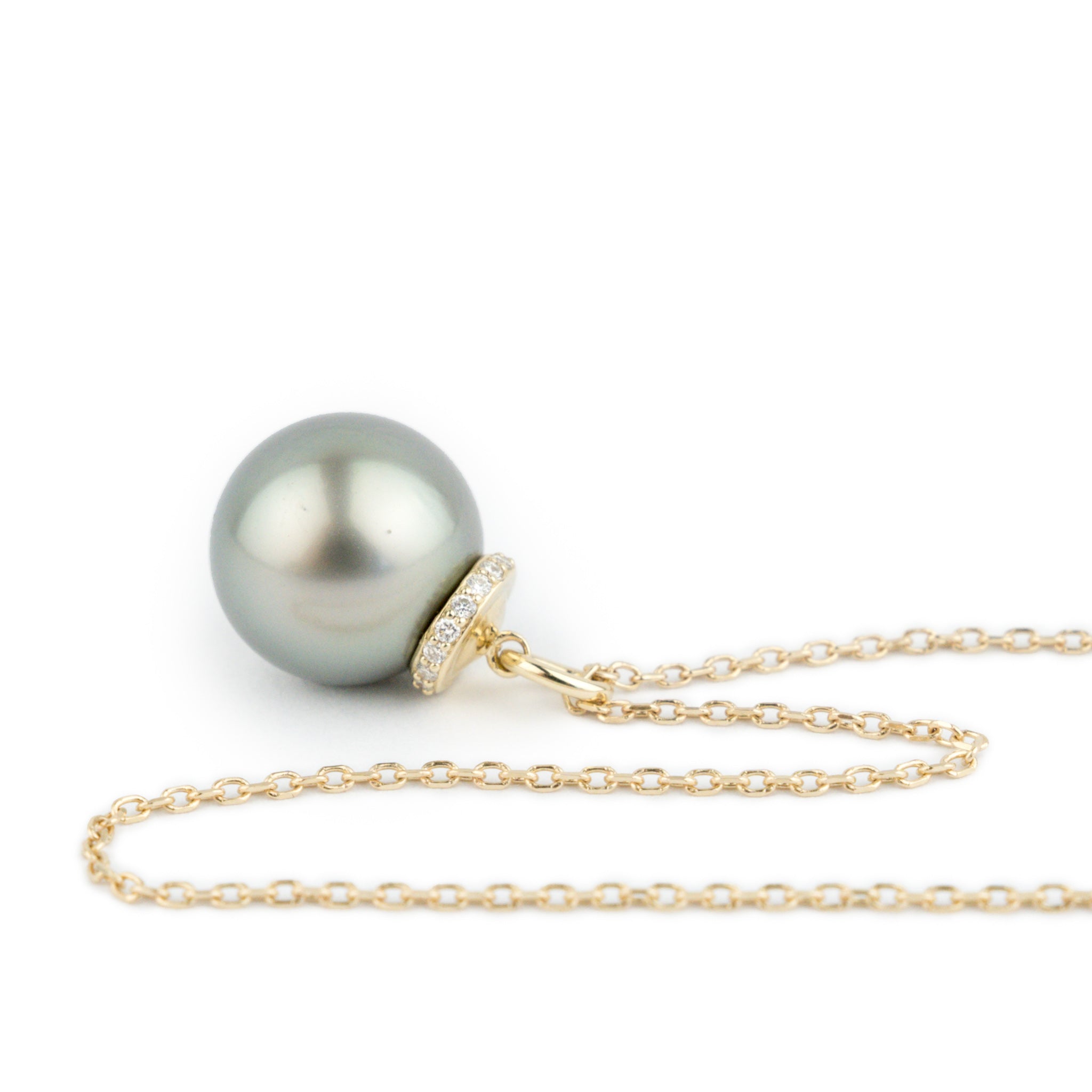 Silvery Seafoam Green Tahitian Pearl & Diamond Halo Necklace