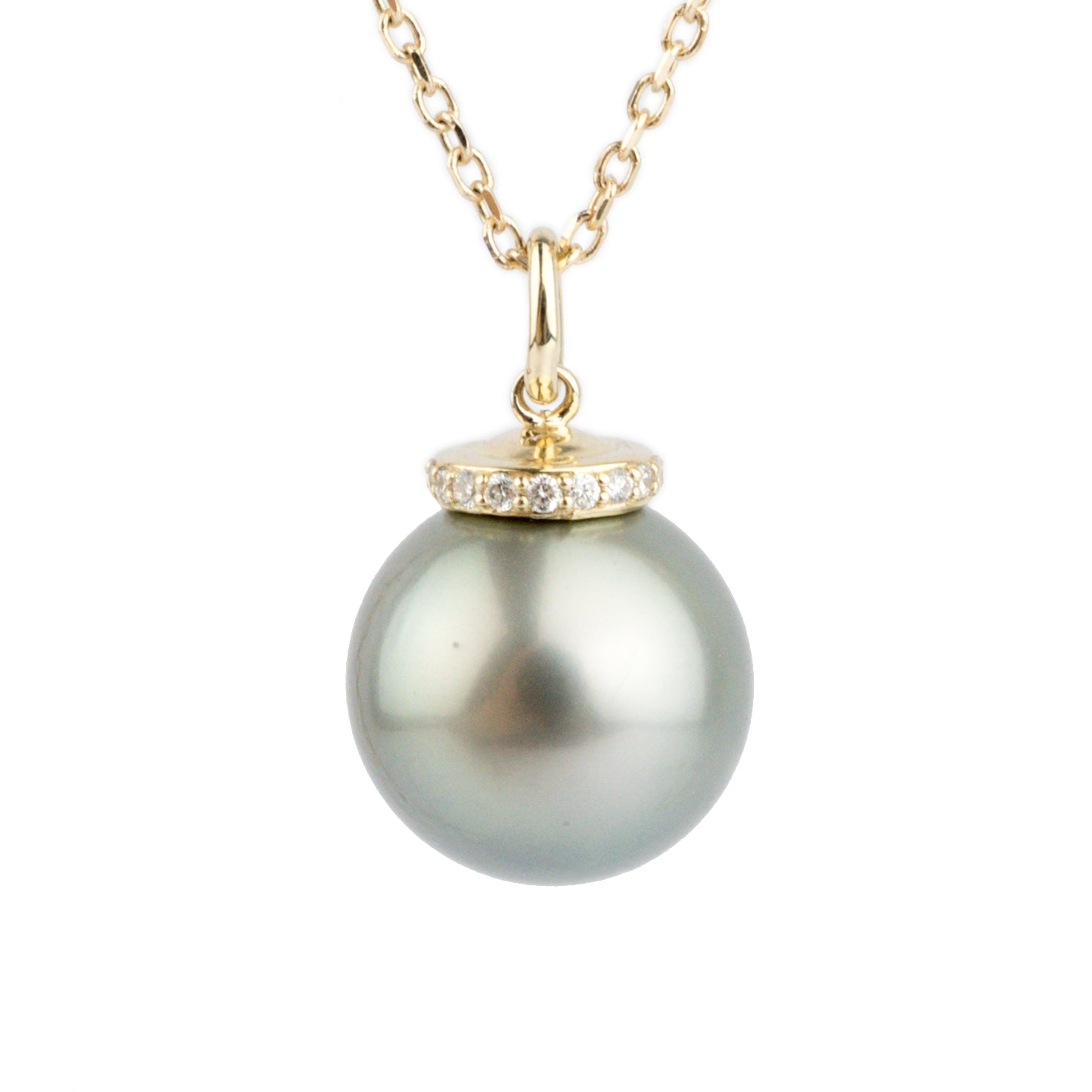 Silvery Seafoam Green Tahitian Pearl & Diamond Halo Necklace