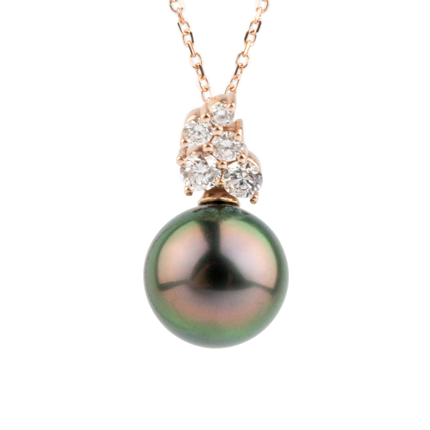 Aubergine Green Tahitian Pearl & Diamond Asteria Pendant or Necklace on 14K Rose Gold