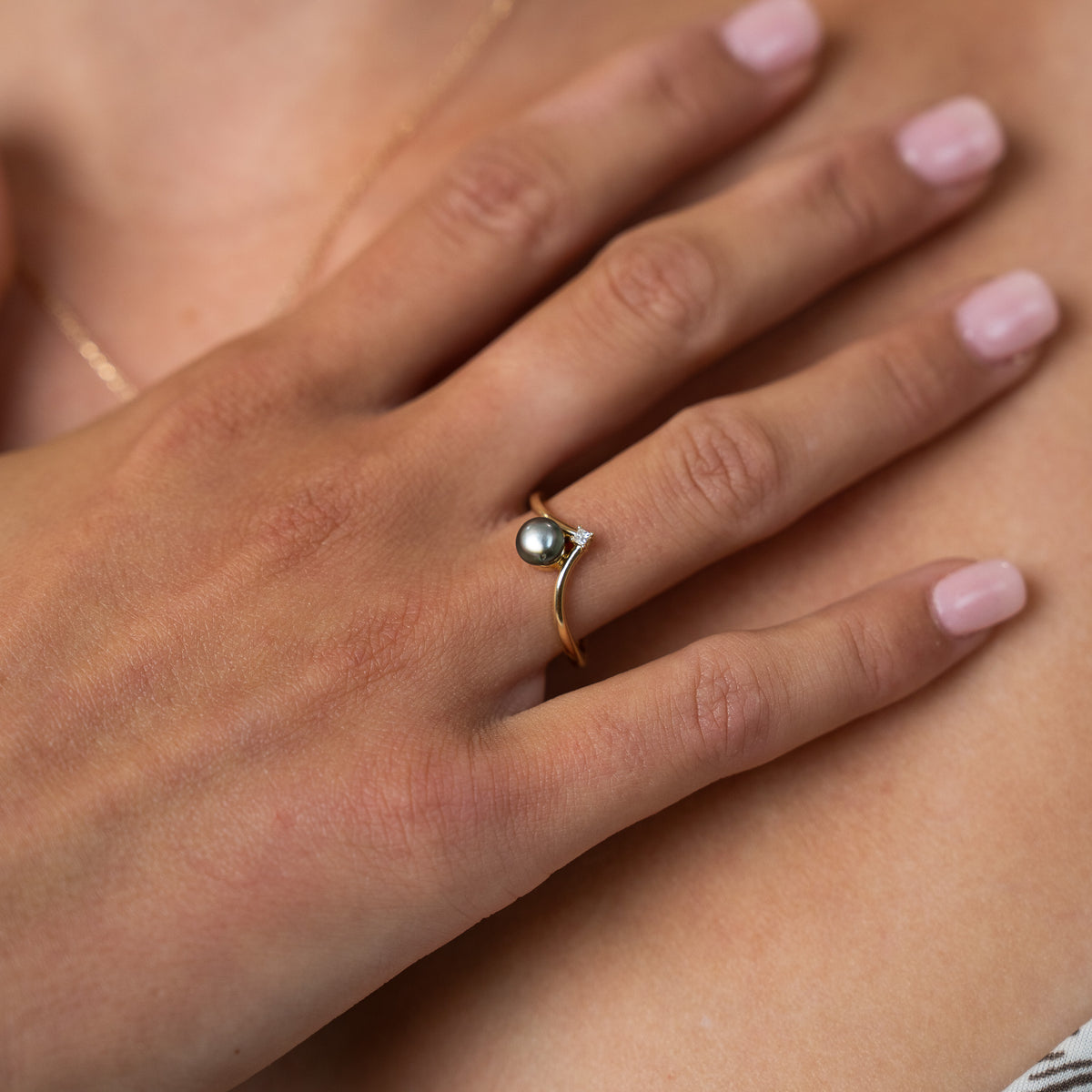 Tahitian Keshi Pearl & Diamond Sunrise Ring