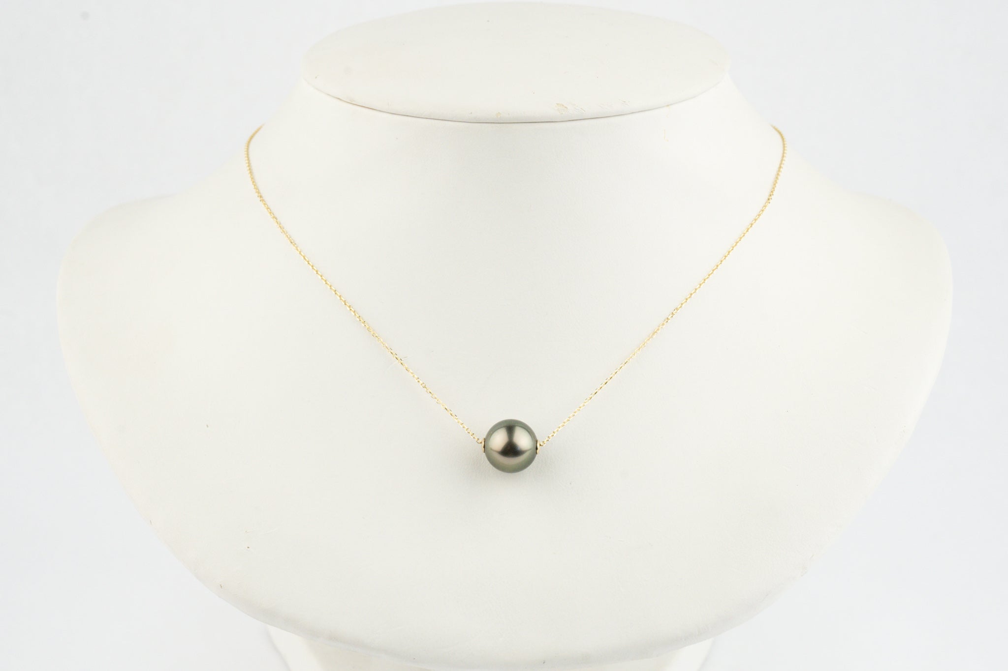 Golden Green 10mm Pearl Solitaire Necklace on 14K Yellow Gold