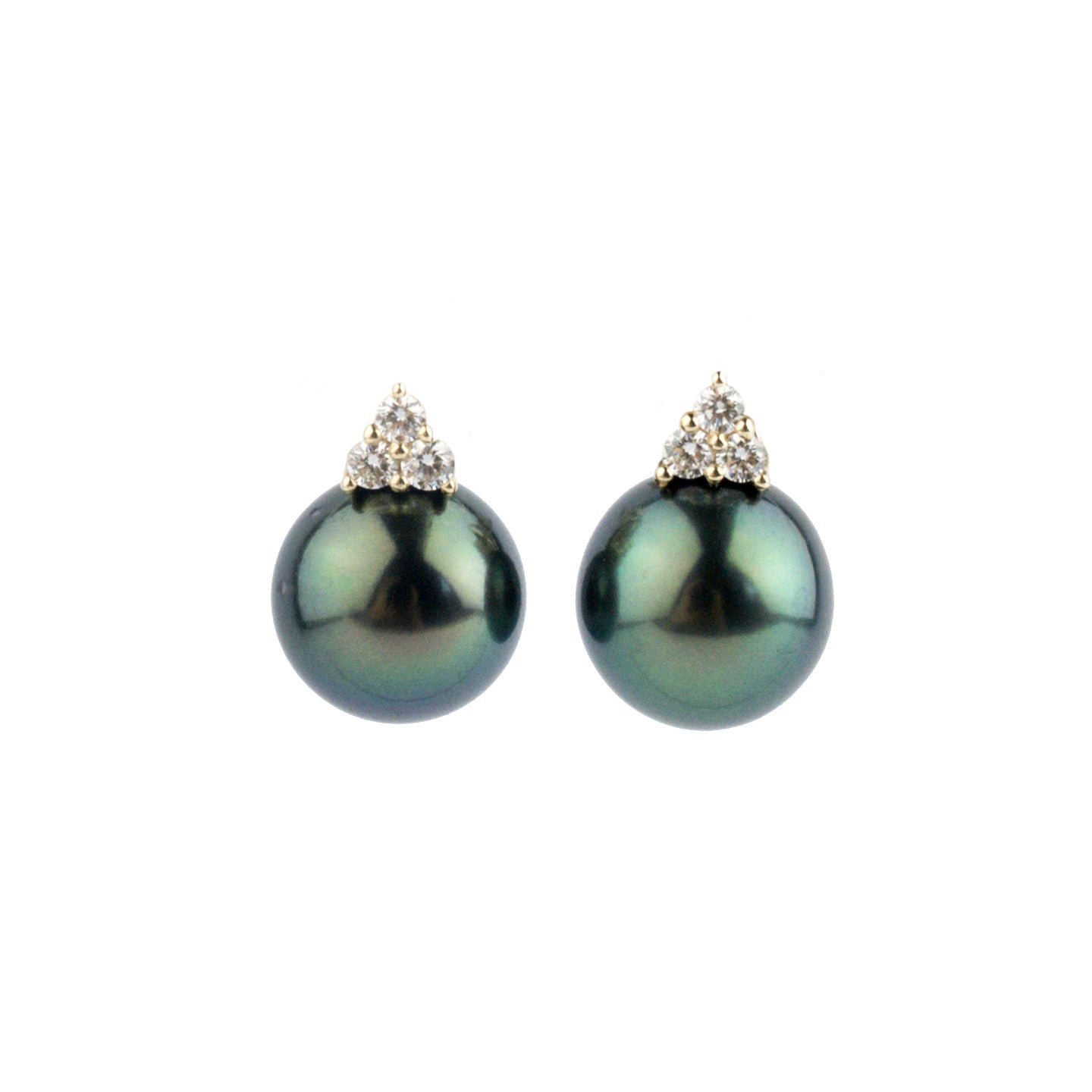 Indigo Peacock Tahitian Pearl & Diamond Toru Earrings on 14K Yellow Gold