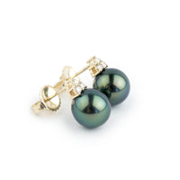 Indigo Peacock Tahitian Pearl & Diamond Toru Earrings on 14K Yellow Gold