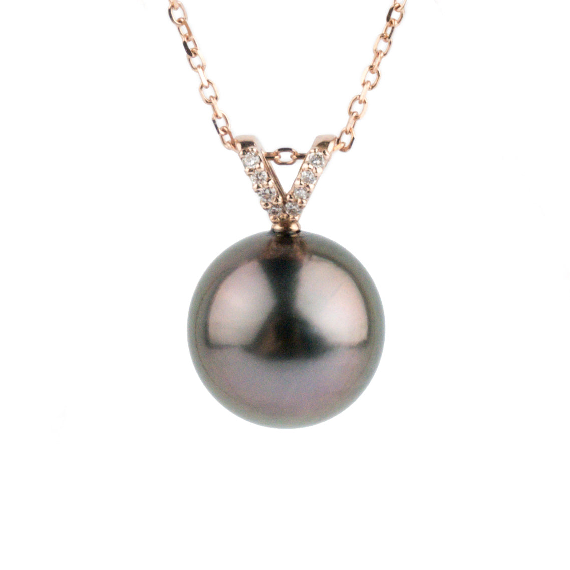 Aubergine Green Tahitian Pearl & Diamond Hoa Necklace on 14K Rose Gold