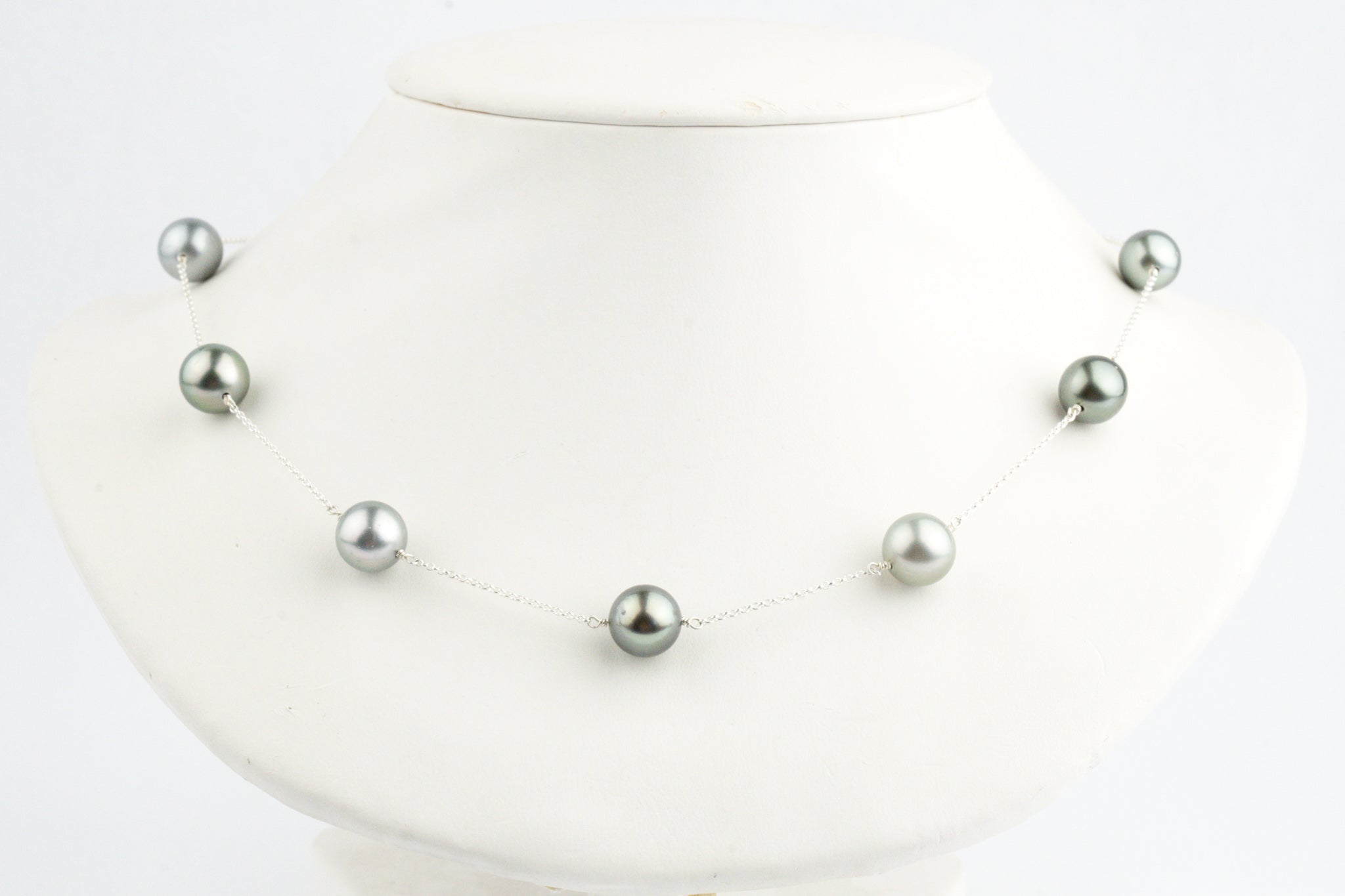 Silvery Light Green Tin-Cup Tahitian Pearl Necklace on Sterling Silver