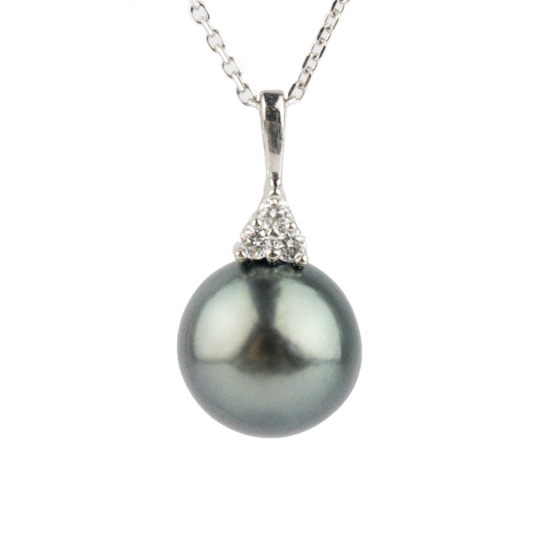 Blue Green Tahitian Pearl & Diamond Toru Necklace on 14K White Gold