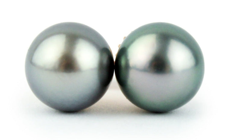 Silvery Blue-Green 9.2mm Tahitian Pearl Stud Earrings on 14K Rose Gold