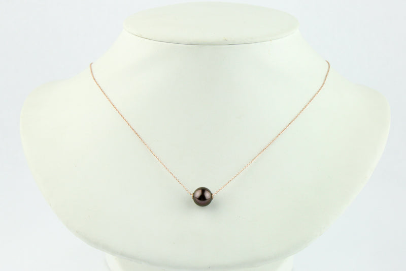 Dark Aubergine 9.3mm Tahitian Pearl Solitaire Necklace on 14K Rose Gold