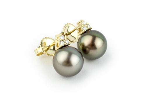 Tahitian Pearl & Diamond Toru Earrings on 14K Yellow Gold