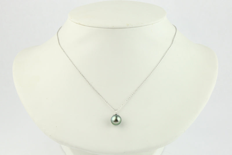 Silvery-Aqua Tahitian Pearl & Diamond Halo Necklace on 14K White Gold