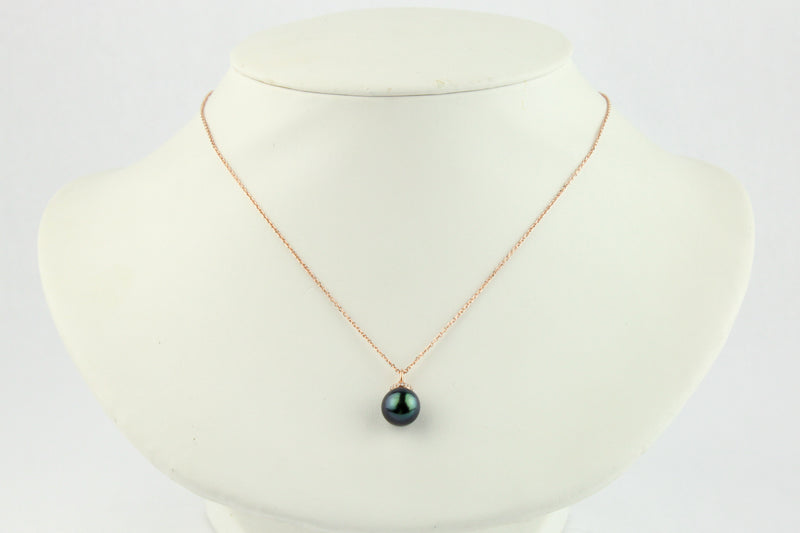 Dark Reversable Tahitian Pearl & Diamond Halo Necklace on 14K Rose Gold