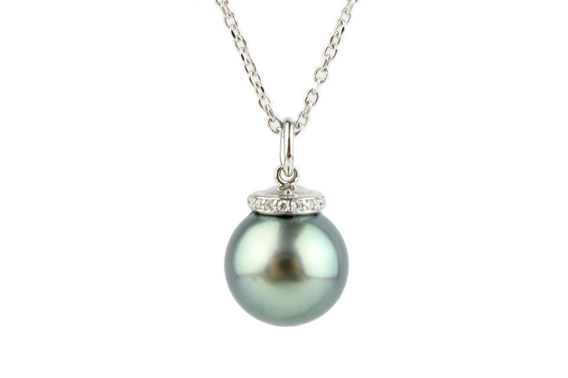 Silvery-Aqua Tahitian Pearl & Diamond Halo Necklace on 14K White Gold