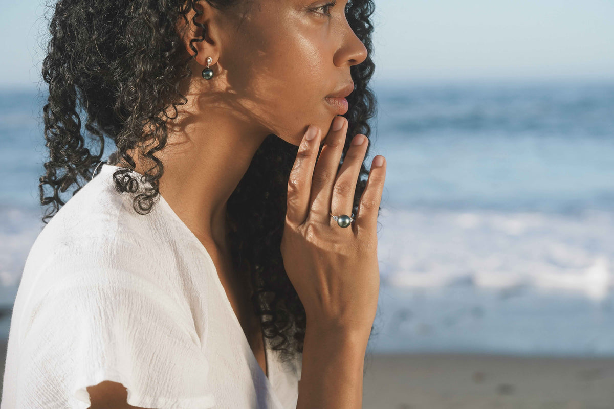 Tahitian Pearl & Diamond Bisou Ring on 14K Rose Gold