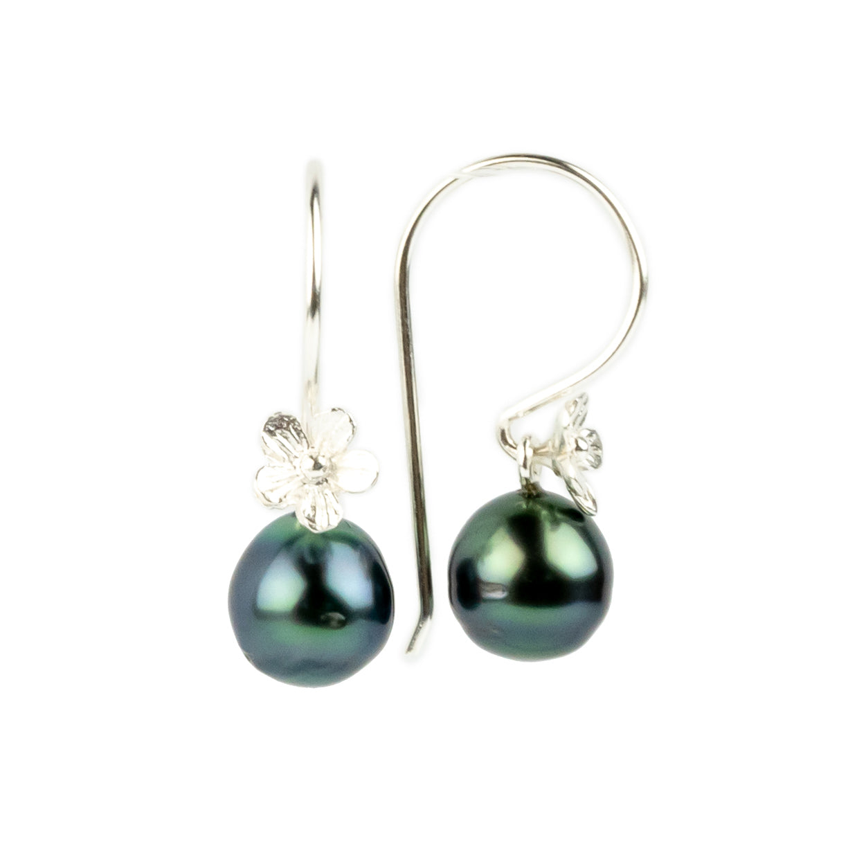 Indigo Green Circled Tahitian Pearl Hibiscus Hook Earrings