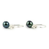 Indigo Green Circled Tahitian Pearl Hibiscus Hook Earrings