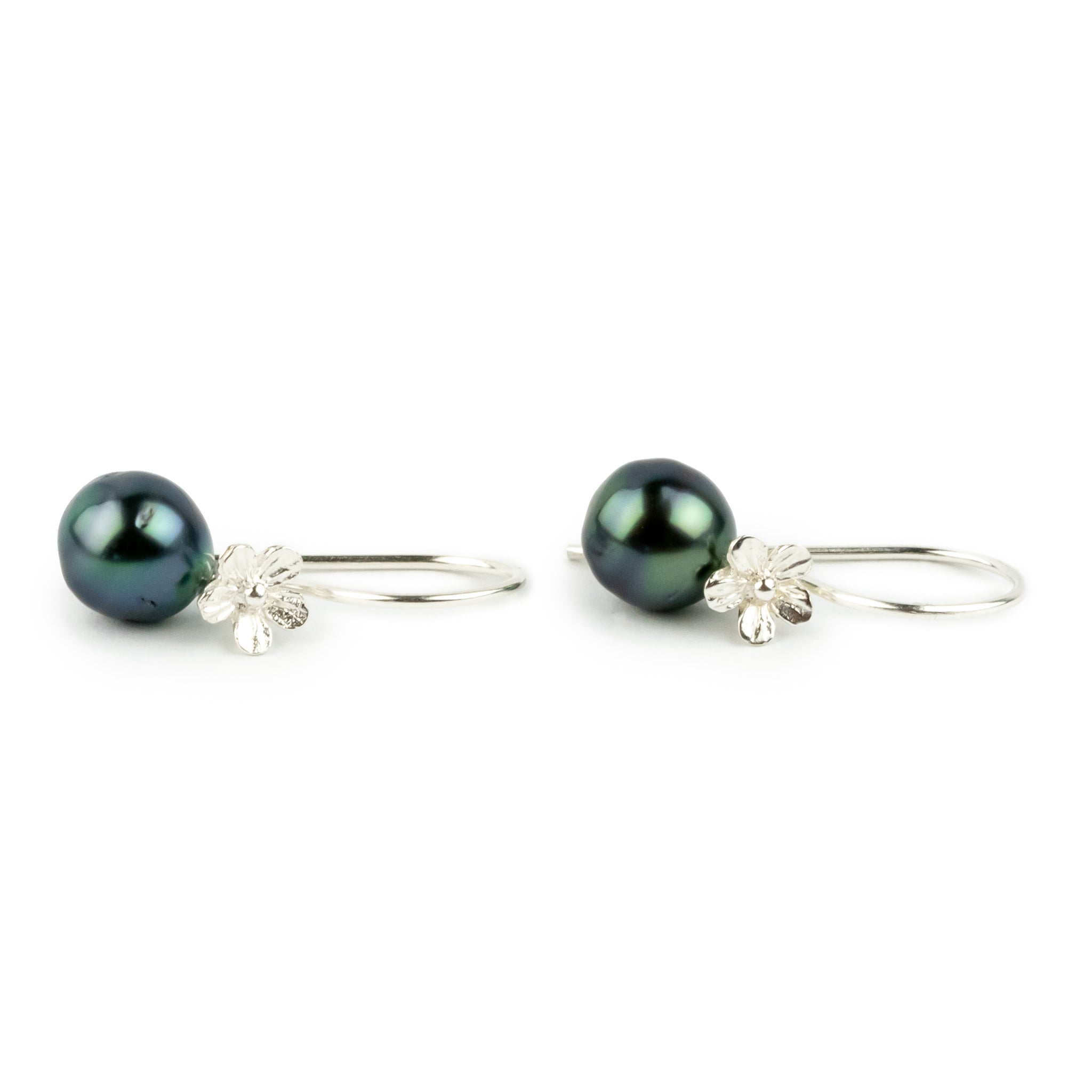 Indigo Green Circled Tahitian Pearl Hibiscus Hook Earrings