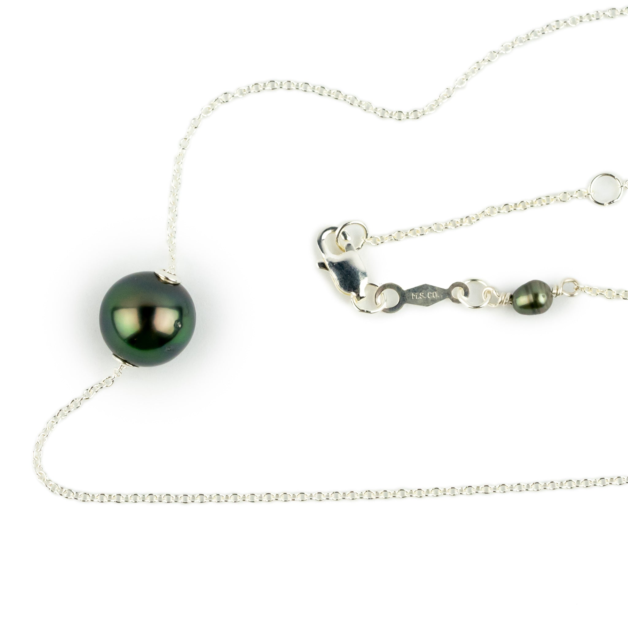 Peacock Green 9.2mm Tahitian Pearl Solitaire Necklace on Sterling Silver