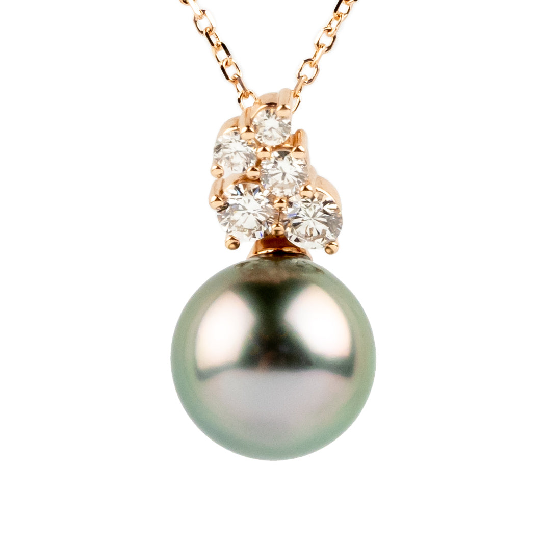 Light Pink Green Tahitian Pearl & Diamond Asteria Necklace on 14K Rose Gold