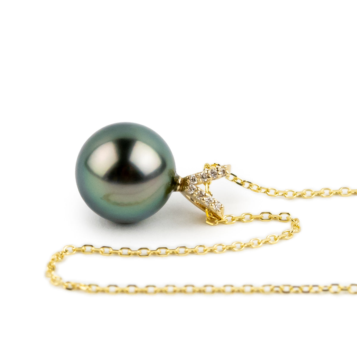 Shimmery Peacock Tahitian Pearl & Diamond Hoa Necklace on 14K Yellow Gold