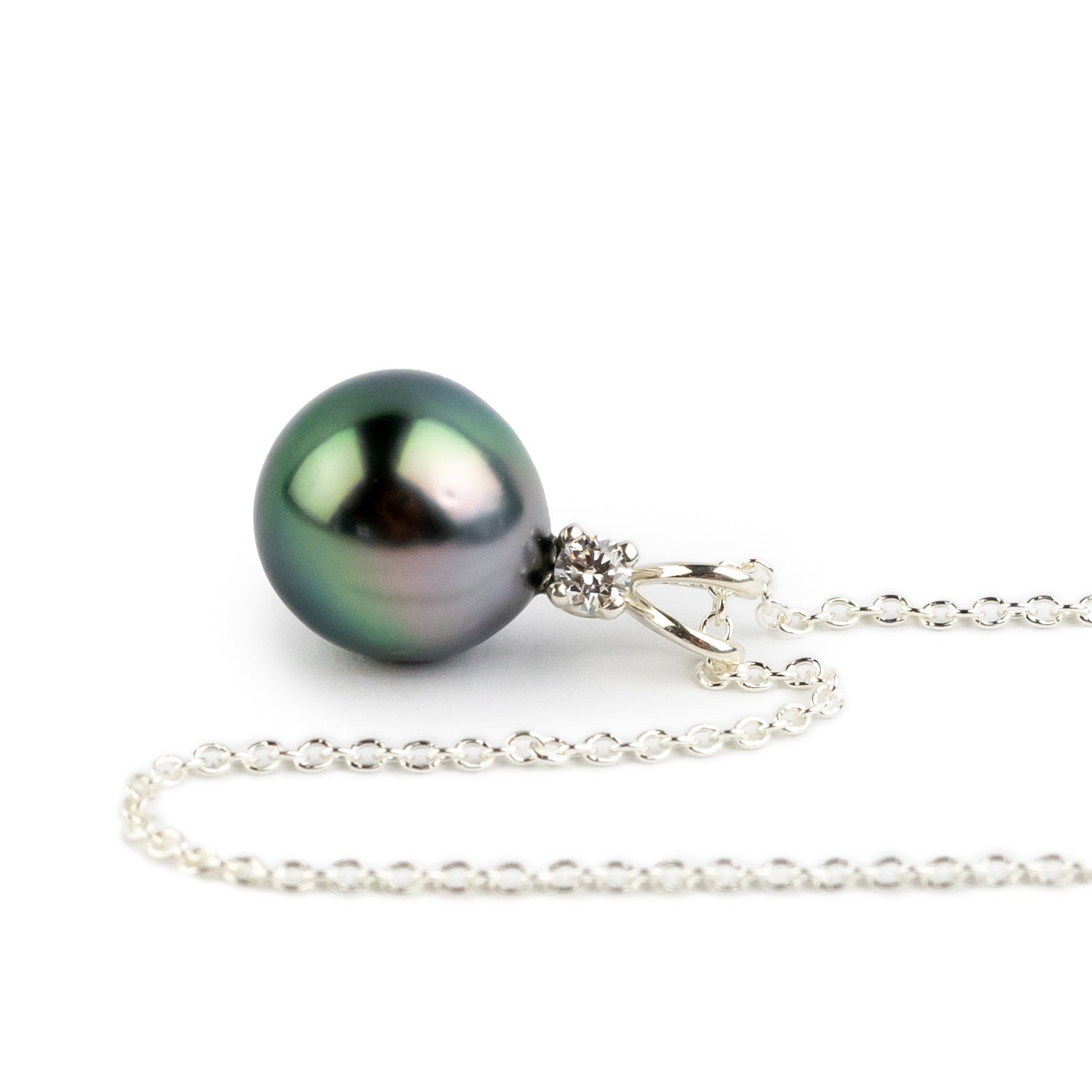 Tahitian Pearl & Diamond Pink Green Étoile Necklace on Sterling Silver