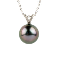 Pink Green Tahitian Pearl & Diamond Hoa Necklace on 14K White Gold