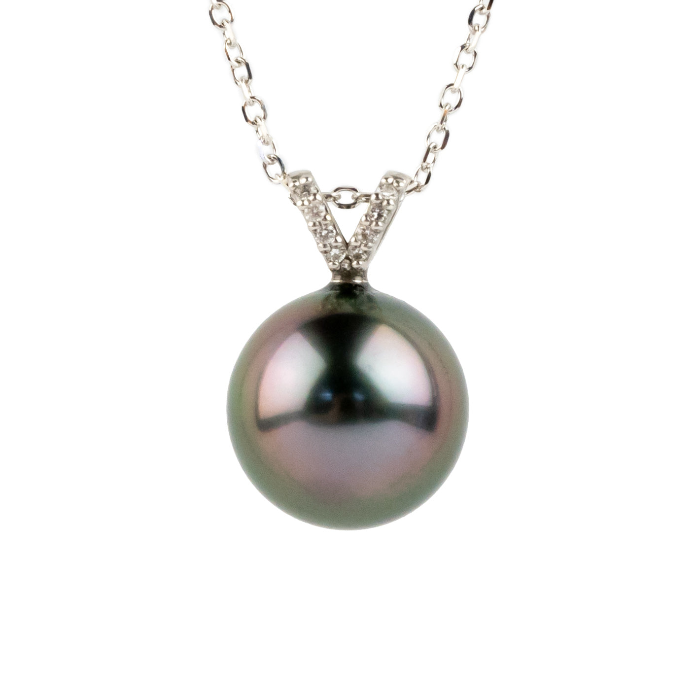 Pink Green Tahitian Pearl & Diamond Hoa Necklace on 14K White Gold
