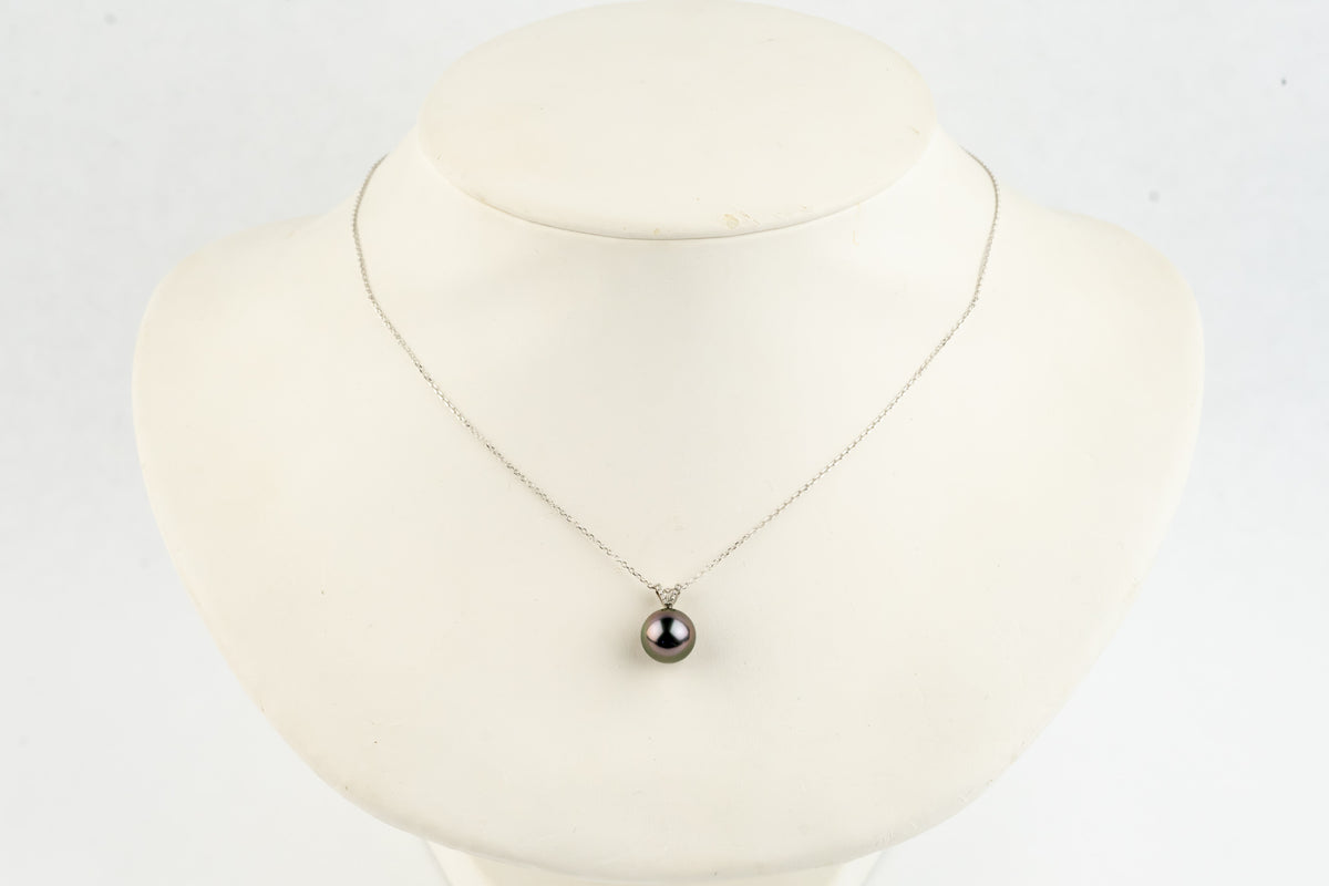 Pink Green Tahitian Pearl & Diamond Hoa Necklace on 14K White Gold