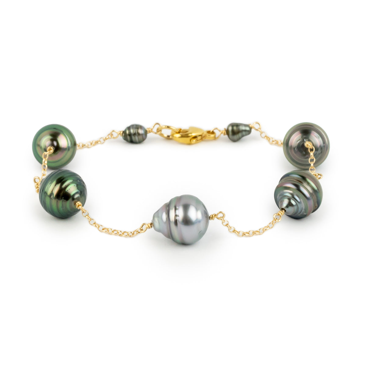 Pink Green Circled Tin-Cup Tahitian Pearl Bracelet on 14/20 Gold Filled