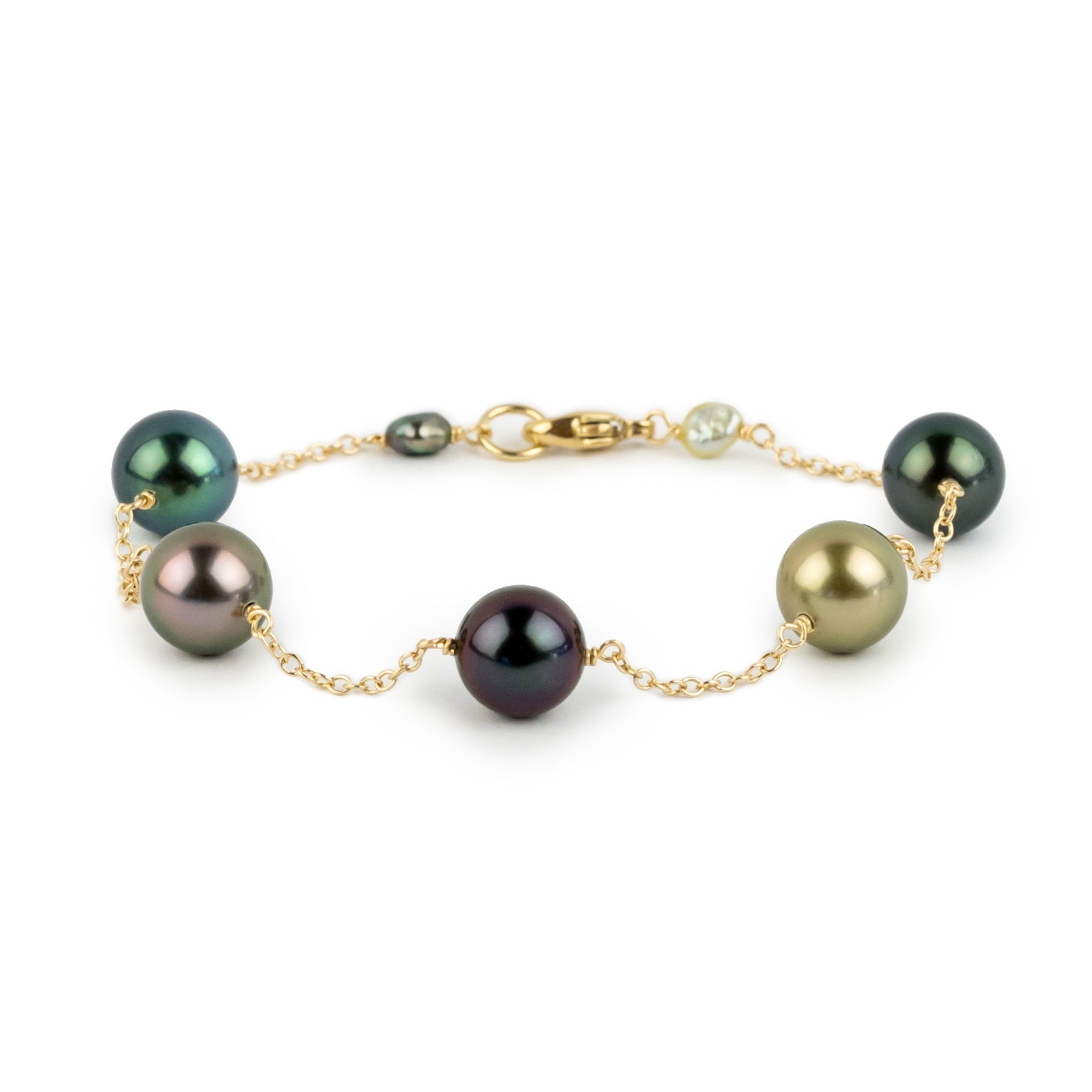 Five Flash Tahitian Pearl Tin Cup Bracelet on 14K Yellow Gold