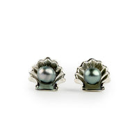 Silvery Blue Keshi Pearl Sterling Silver Seashell Stud Earrings