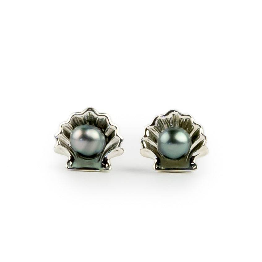 Silvery Blue Keshi Pearl Sterling Silver Seashell Stud Earrings