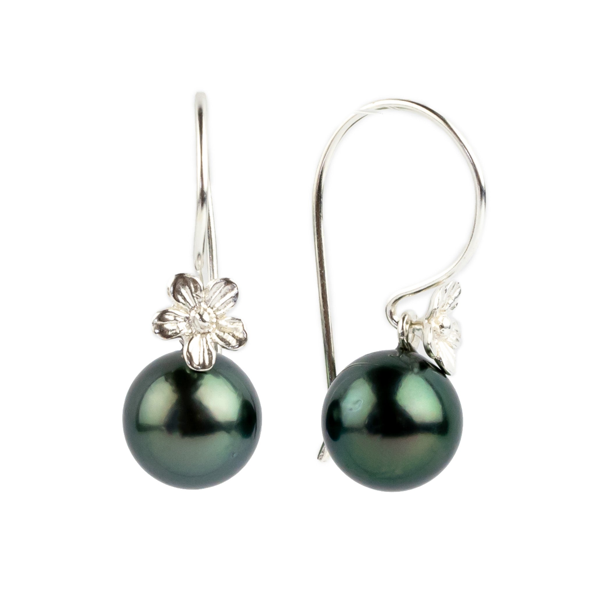 Deep Sea Tahitian Pearl Hibiscus Hook Earrings
