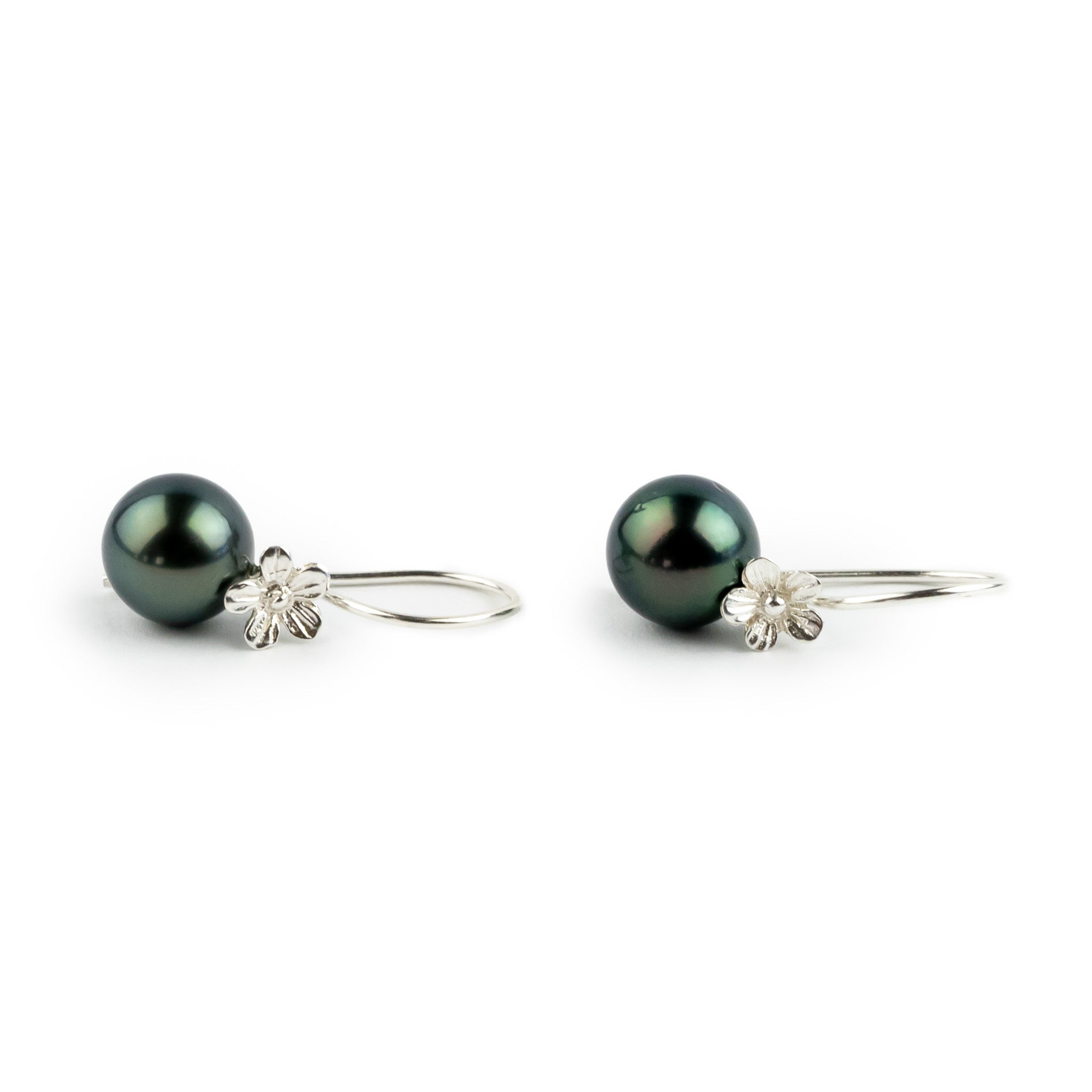 Deep Sea Tahitian Pearl Hibiscus Hook Earrings