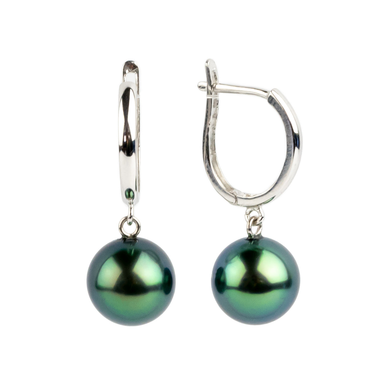 Vibrant Blue-Green 8.8mm Tahitian U-Hoop Earrings on 14K White Gold