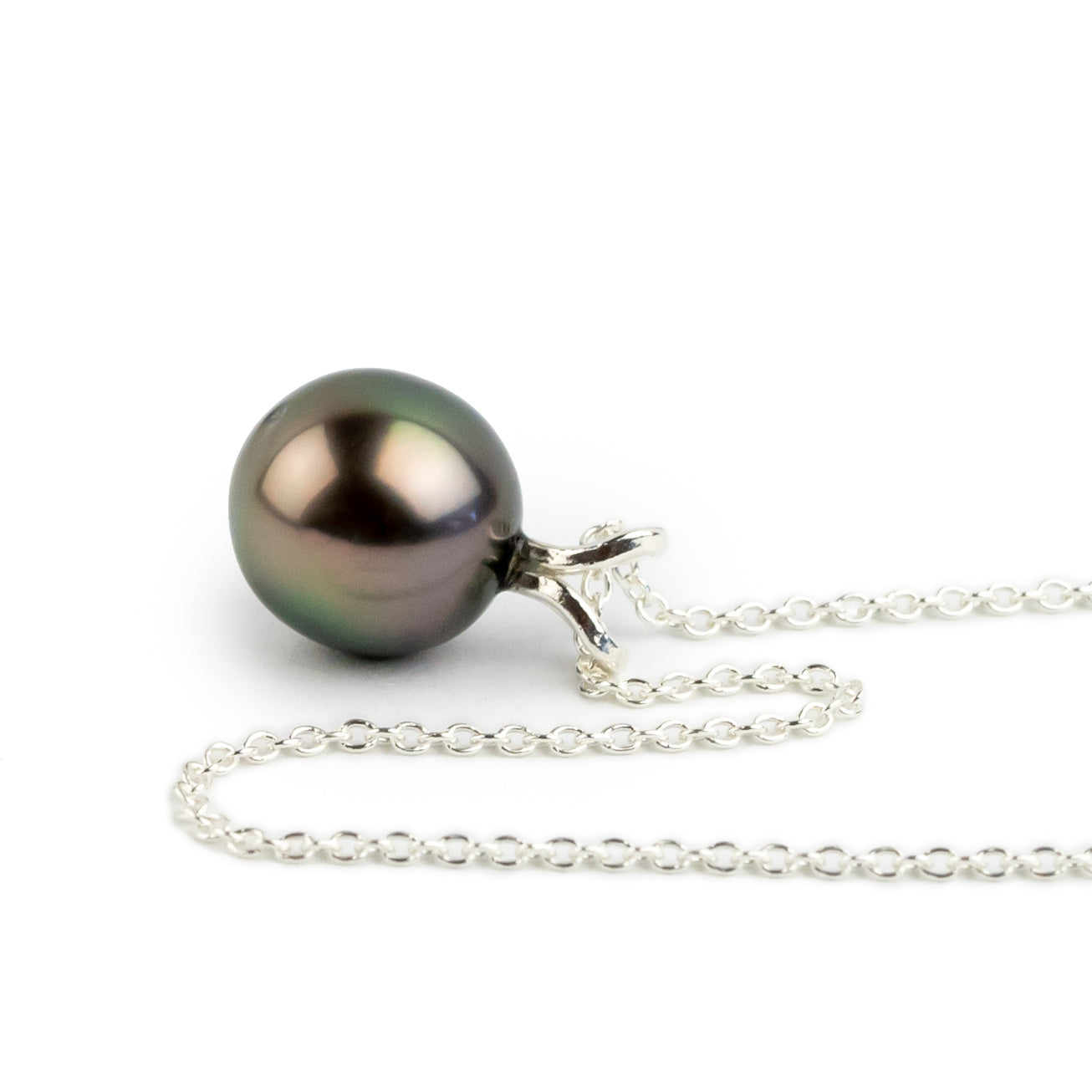 Pink Green 9mm Tahitian Pearl I'a Necklace on Sterling Silver