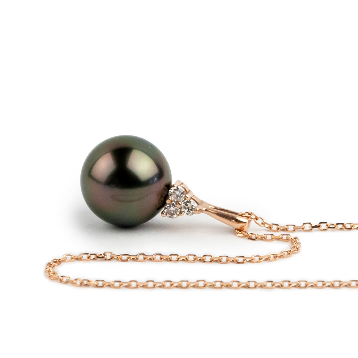 Aubergine Green Tahitian Pearl & Diamond Toru Necklace on 14K Rose Gold