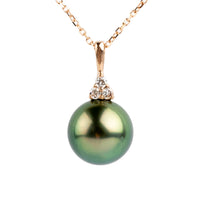 Warm Golden Green Tahitian Pearl & Diamond Toru Necklace on 14K Rose Gold