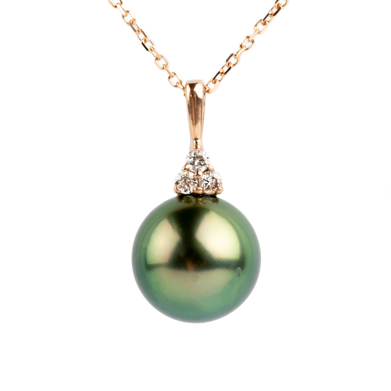 Warm Golden Green Tahitian Pearl & Diamond Toru Necklace on 14K Rose Gold
