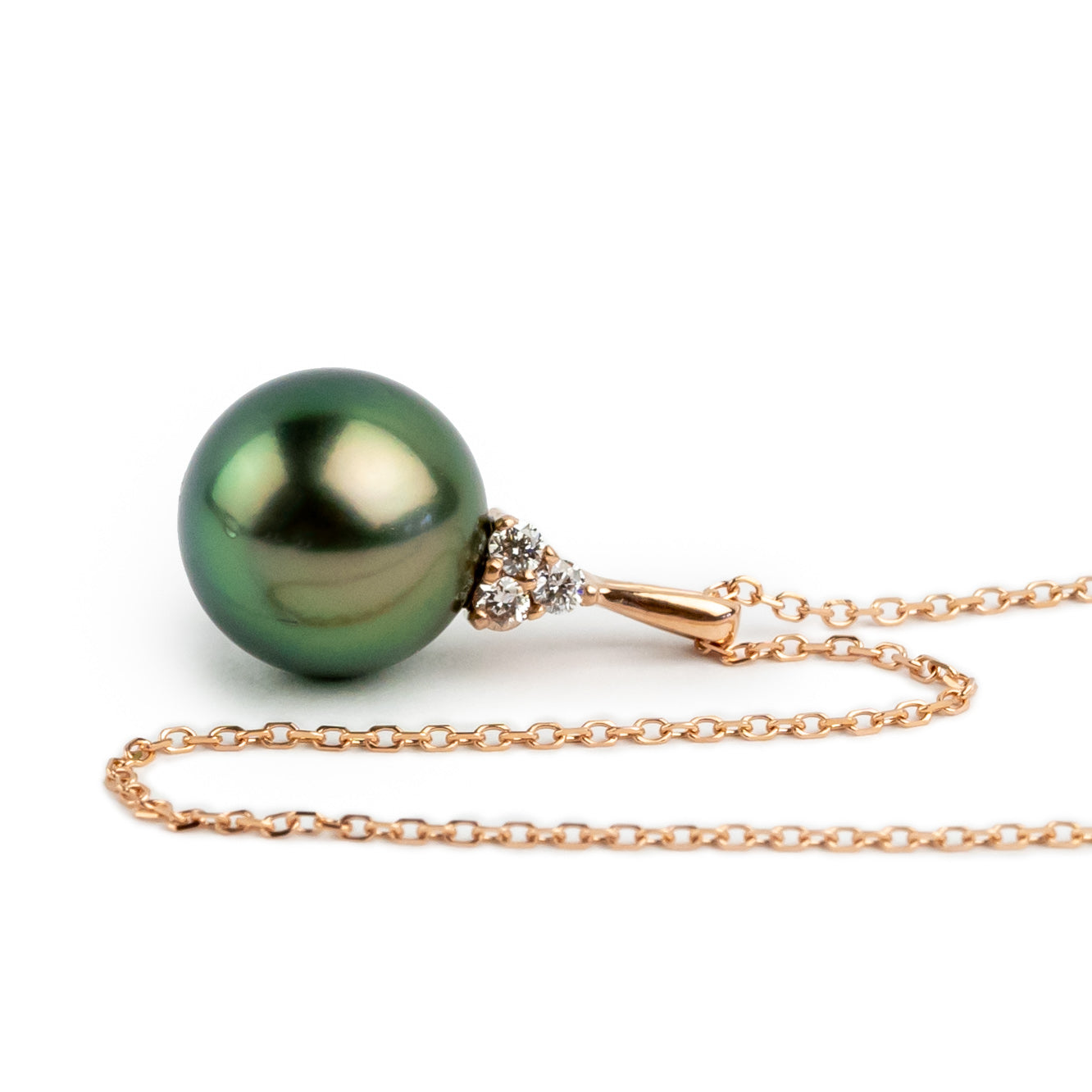Warm Golden Green Tahitian Pearl & Diamond Toru Necklace on 14K Rose Gold