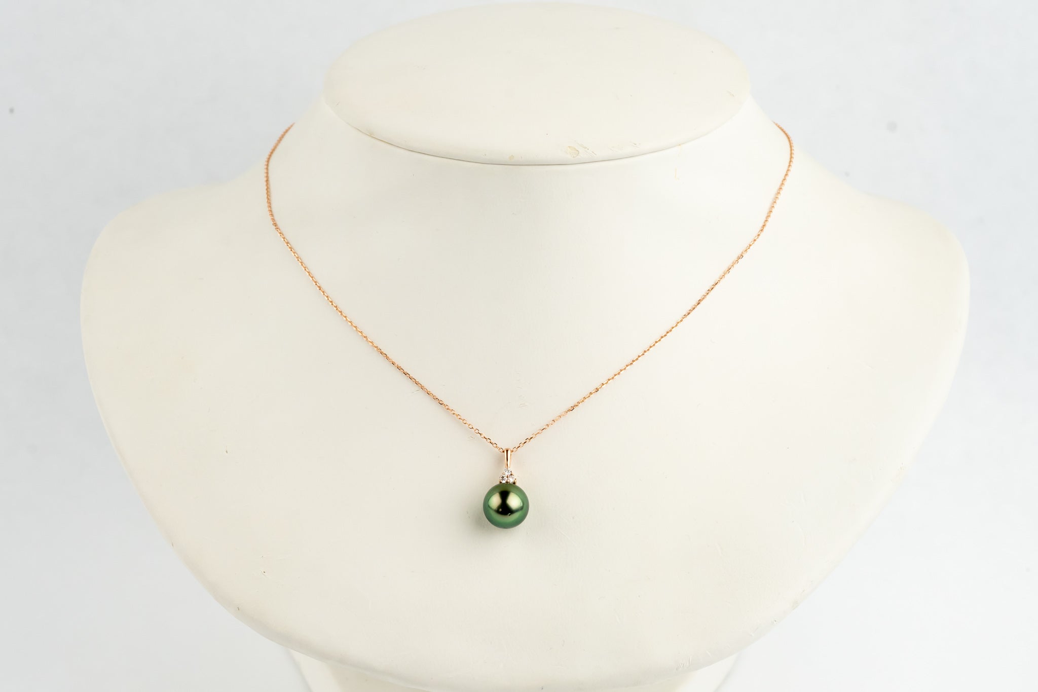 Warm Golden Green Tahitian Pearl & Diamond Toru Necklace on 14K Rose Gold