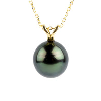 Luminous Green 9.5mm Tahitian Pearl I'a Necklace on 14K Yellow Gold