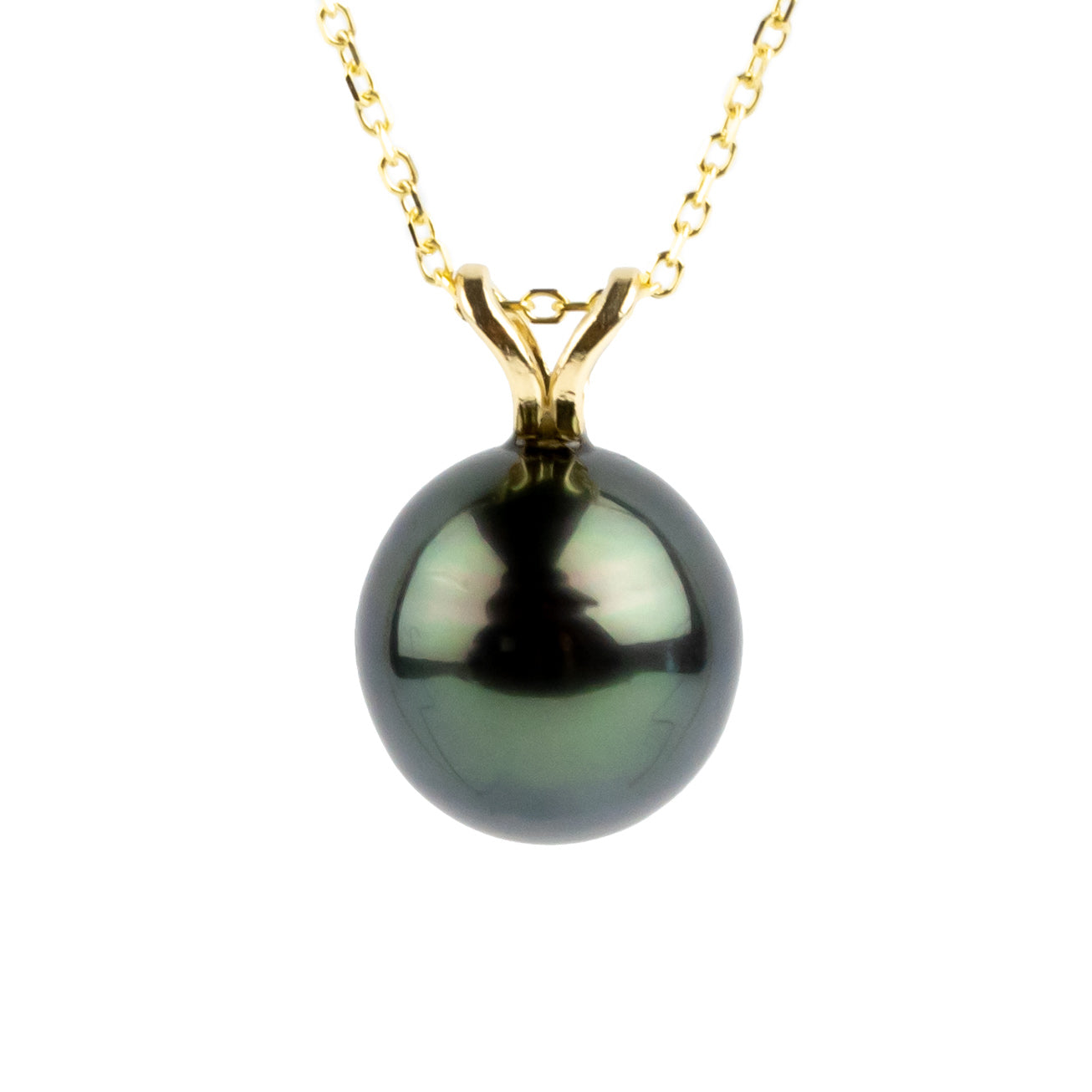 Luminous Green 9.5mm Tahitian Pearl I'a Necklace on 14K Yellow Gold