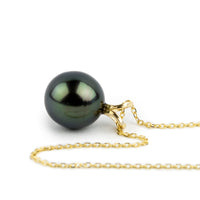 Luminous Green 9.5mm Tahitian Pearl I'a Necklace on 14K Yellow Gold