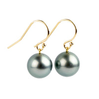 Silvery Powder Blue Tahitian Pearl Dangle Earrings on 14K Yellow Gold